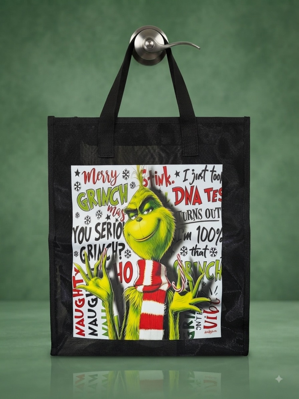 Black Reusable Tote Bag with Green Grinch Holiday Print mesh